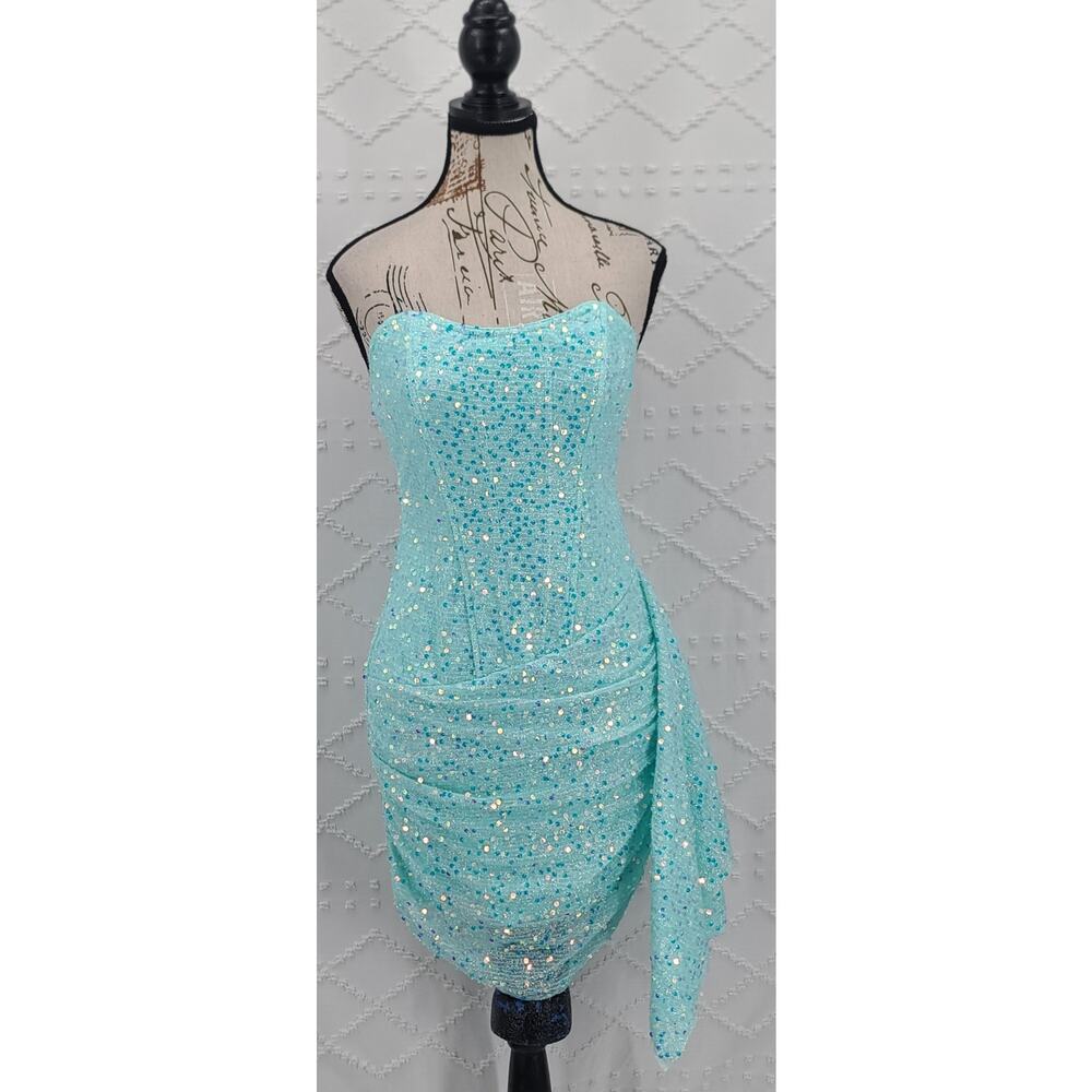 Mermaidcore Sequin aqua mini party dress zipper back Size Small Homecoming - Picture 2 of 11